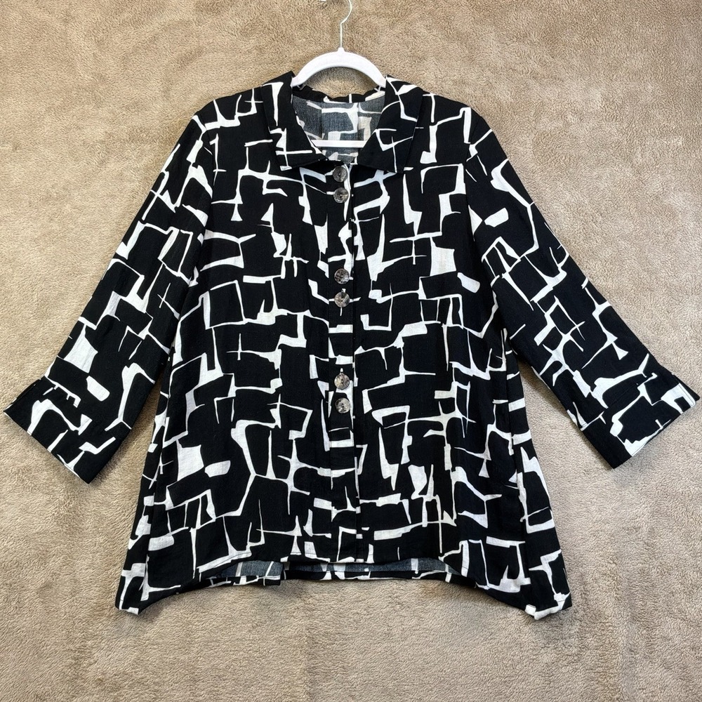 Fridaze S 100% Linen Button Down‎ Top Black White Lagenlook Beachy Relaxed EUC